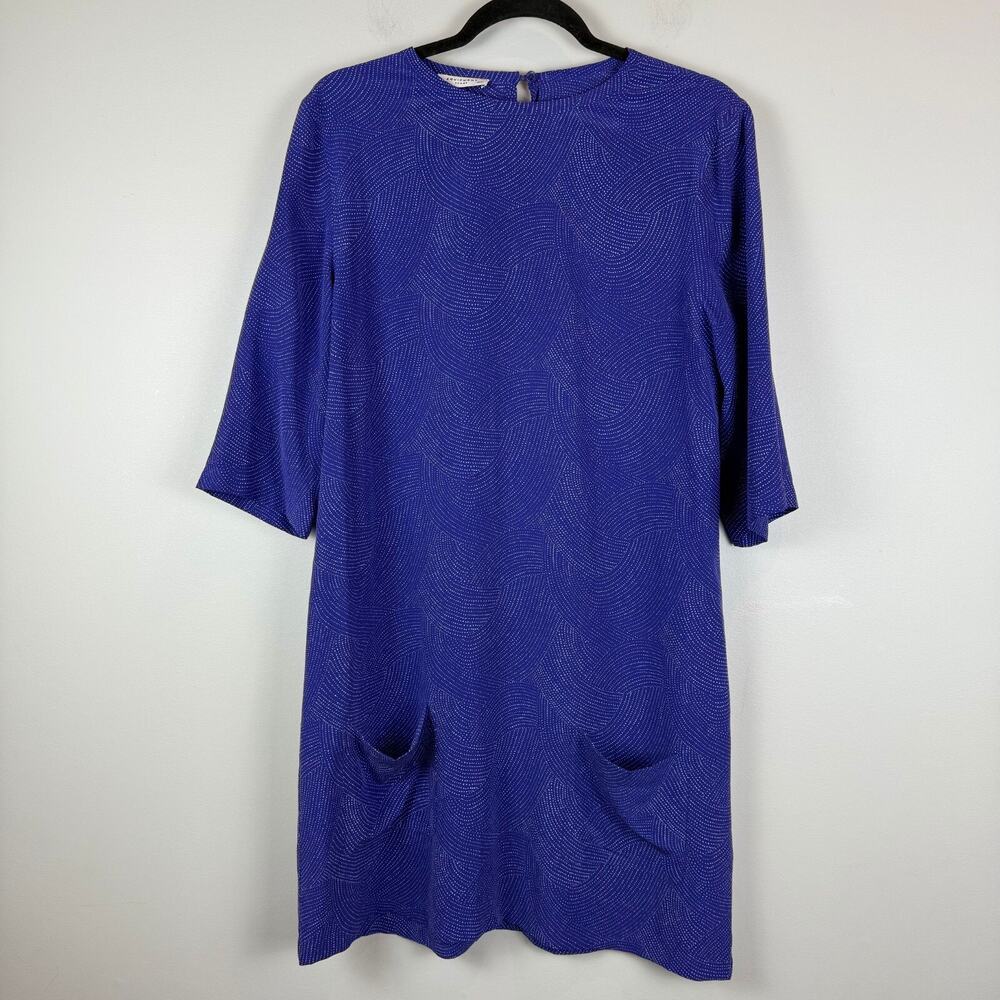 Equipment Femme Dress Women's Medium Blue Silk Print 3/4 Sleeve Classic Mature